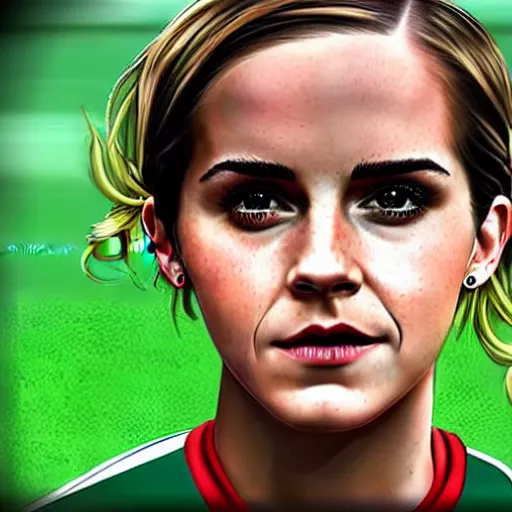 Prompt: emma watson as a lokomotiv football player, face portrait, hyper realistic, highly detailed