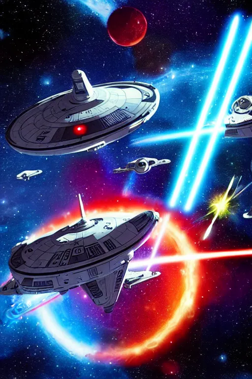 Prompt: a space fight between star trek and star wars. a giant super nova is in the background. highly detailed. colorful.