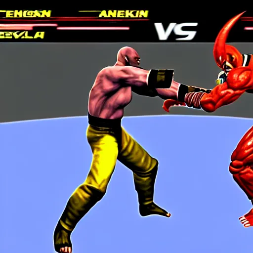 Image similar to fight screenshot of anderson silva vs yoshimitsu in tekken, ps 1 graphics, low poly, texture warp, pixel aliasing, fighting game in forest, sd video, tekken 1 playstation, health bar hud