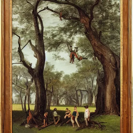 Image similar to huge tree with a lot of hanging bodies, southern gothic art, 1 9 th century scene, painted by friedrich caspar david