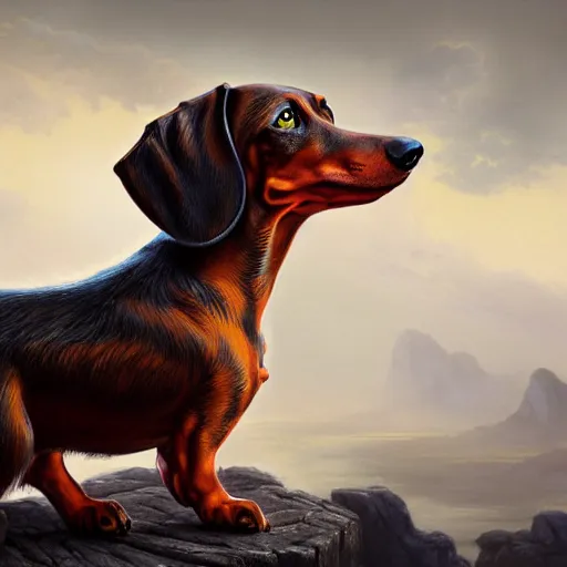 Image similar to a portrait of a fire elemental dachshund, fantasy concept art by Gerald Brom, highly detailed, intricate, sharp focus, Trending on Artstation HQ, deviantart, unreal engine 5, 4K UHD image