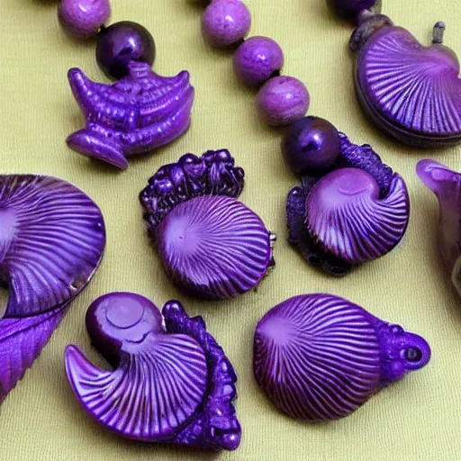 Prompt: carved seashell beads jewelry design purple splotches