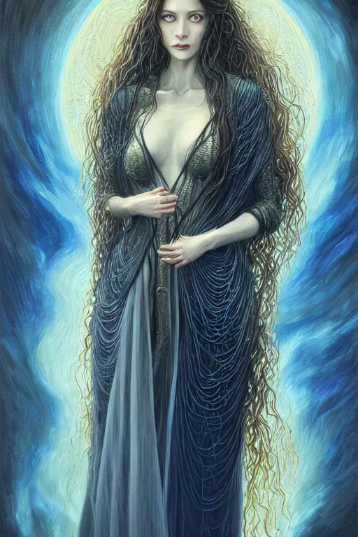 Image similar to portrait of a young female wizard in flowing sensual dress, long fine flowing hair, delicate, looking at camera, slightly smiling, realistic face, stylish, elegant, grimdark fantasy, extremely detailed painting inspired by Gerald Brom and Ernst Haeckel , studio lighting