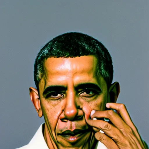 Prompt: obama with shrimp tails in nose portrait nikon film photo 8 5 mm
