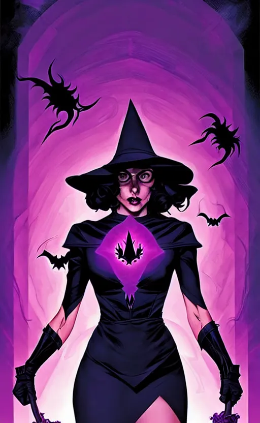 Image similar to rafael albuquerque comic cover art, artgerm, joshua middleton, pretty stella maeve witch doing black magic, serious look, purple dress, symmetrical eyes, symmetrical face, long black hair, full body, werewolf behind eva, twisted evil dark forest in the background, cool colors