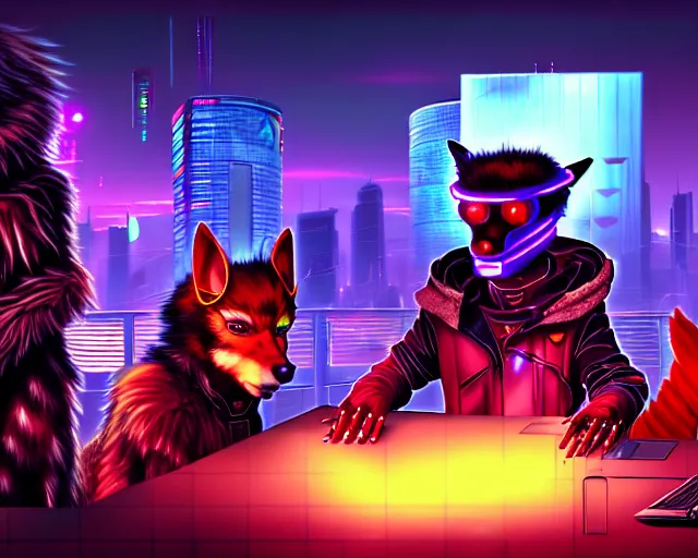 Image similar to high - resolution photograph from a cyberpunk era furry fandom convention ( midwest furfest 2 0 4 7 ), taking place after the genetic revolution and singularity. photorealistic.