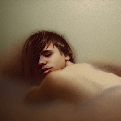 Image similar to justim bieber laying in milk, cinematic, cottage core, cinematic focus, polaroid photo bleached vintage pastel colors high - key lighting, soft lights, foggy, by steve hanks, by lisa yuskavage, by serov valentin, by tarkovsky, 8 k render, detailed, oil on canvas