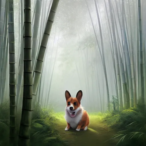 Prompt: a very cute and happy corgi in a misty bamboo forest at dawn, lifelike, hyperrealistic, extremely detailed digital illustration, greg rutkowski, artgerm, moebius, ruan jia, makoto shinkai, award - winning, masterpiece, trending on artstation, 8 k