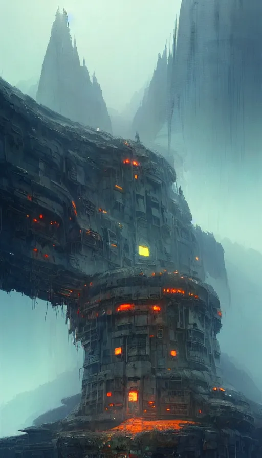 Image similar to concept art of a sci - fi post - apocalyptic monastery at the top of a mountain, grimy, gritty, blade runner 2 0 4 9, trending on artstation, award winning painting, cgi, art by john berkey and anton fadeev and john howe and simon stalenhag