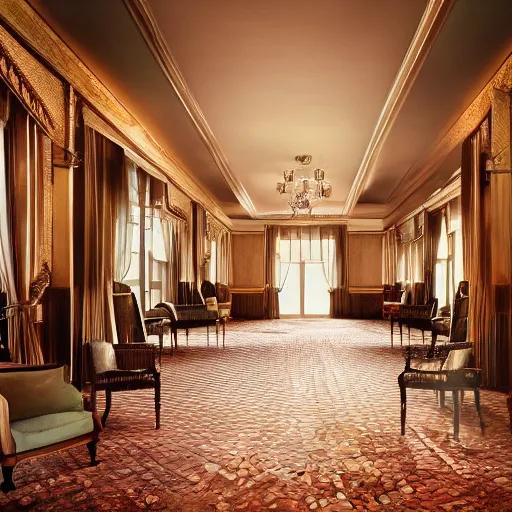 Prompt: luxury interior of a victorian hotel volumetric light morning cinematic photo,