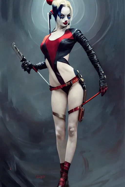 Image similar to elegant harley quinn high fashion gown aeon flux profile picture by greg rutkowski, dynamic pose, intricate, futuristic, fantasy, elegant, by stanley artgerm lau, greg rutkowski, thomas kindkade, alphonse mucha, loish, thierry mugler, norman rockwell,