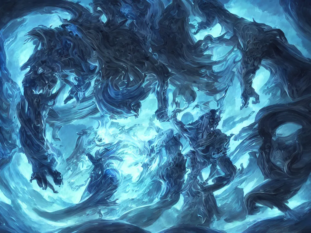 Prompt: Fantasy art for a blue spell that makes their opponent's spells vanish into aether. Award winning, high detail, original artwork, dramatic lighting
