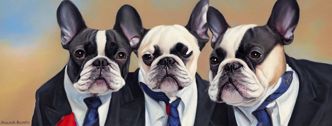 Prompt: oil painting of a french bulldog wearing businessman attire