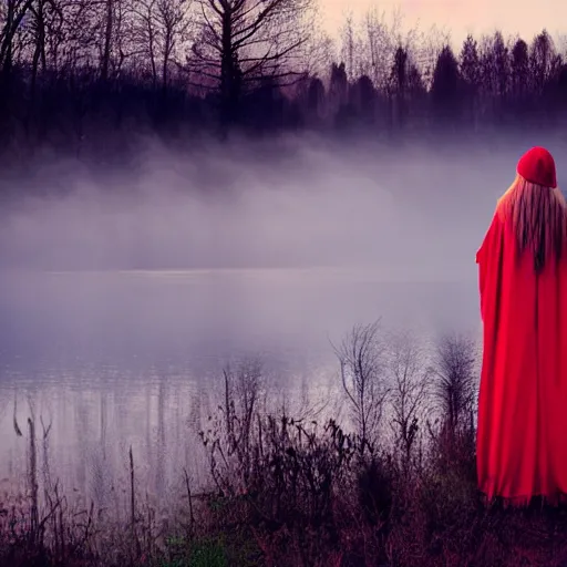 Image similar to beautiful lady with white long hair and dressed with a red victorian cloak, seen from behind, standing in a lake, mist, morning light, photorealistic