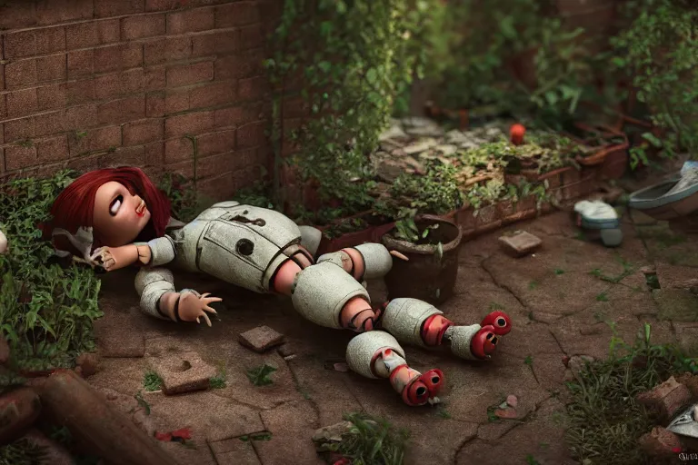 Image similar to Broken ugly toy doll lying on old courtyard with mud and an old playground between two soviet five-storey overgrown with ivy panel houses, high details, cinematic, 8k resolution, beautiful detailed, insanely intricate details, artstation trending, rule of third, octane render, unreal engine