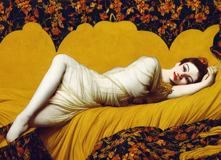 Prompt: portrait of liza minelli hybrid judy garland reclining on bed, wearing yellow ochre ornate medieval dress, preraphaelite colour photography by frederic leighton, william morris, 8 k