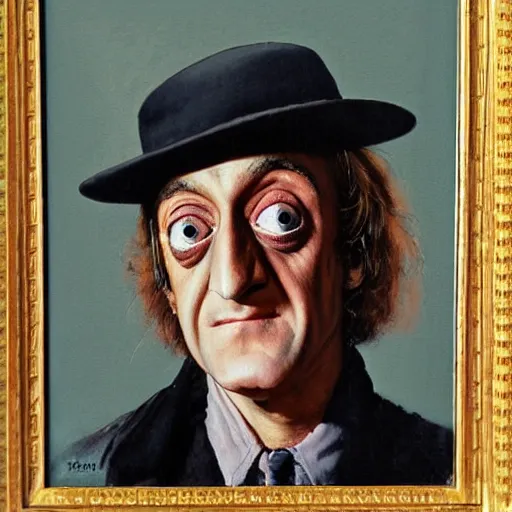 Image similar to a portrait painting of Marty Feldman. Painted by Norman Rockwell