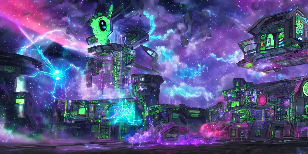 Image similar to a borg cube firing upon the my little pony world, highly detailed digital painting