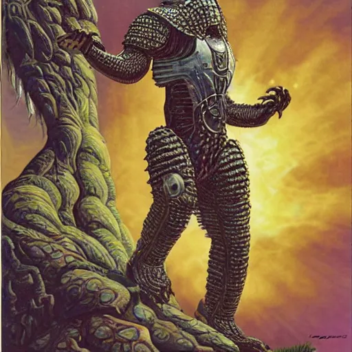 Image similar to a cybernetic pangolin. the pangolin is standing upright. the pangolin is covered in white and gold scales. high quality fantasy science fiction art. painted by larry elmore.