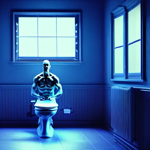 Image similar to Digital art Very High detailed Dr.Manhattan in Ukrainian village house by Taras Shevchenko, siting on a toilet, photorealism, by Beeple, rendered in Octane render