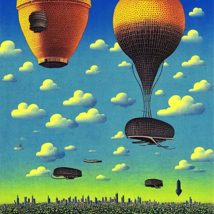 Image similar to surreal glimpse into other universe, mahanakorn tower with airship floating n the sky, summer morning, very coherent and colorful high contrast, art by!!!! rene magritte!!!!, geof darrow, floralpunk screen printing woodblock, dark shadows, hard lighting, stipple brush technique,