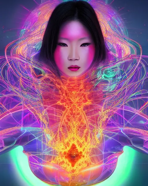 Image similar to a powerful energy psychedelic matrix asian woman, by alexander fedosav, hyper detailed digital matte painting, concept art, hyperrealism, 1 6 k resolution, cinema 4 d, 8 k resolution, trending on artstation, behance hd, a masterpiece, by stephan martiniere, particles, cel - shaded, power bright neon energy, by david a. hardy,