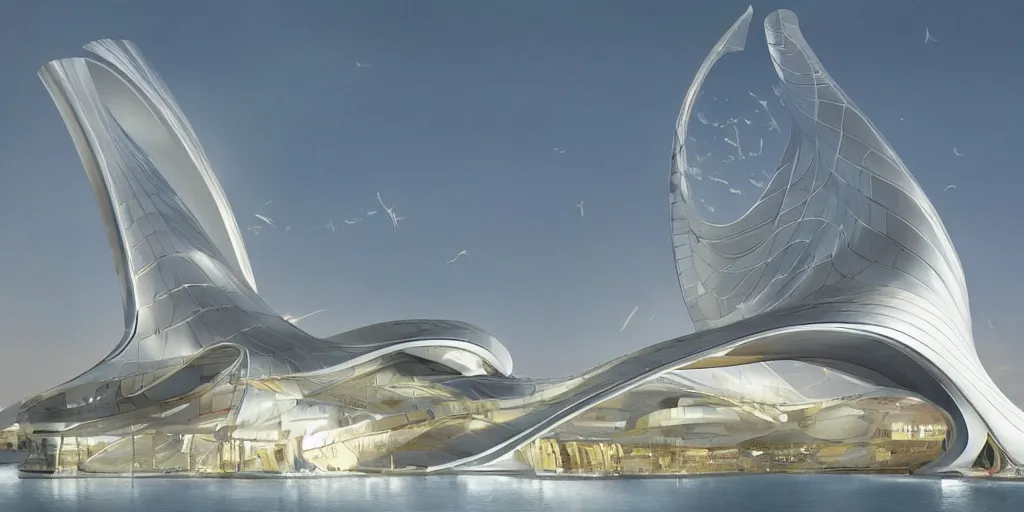 Image similar to mosque floating spaceship by zaha hadid, golds fantasy world