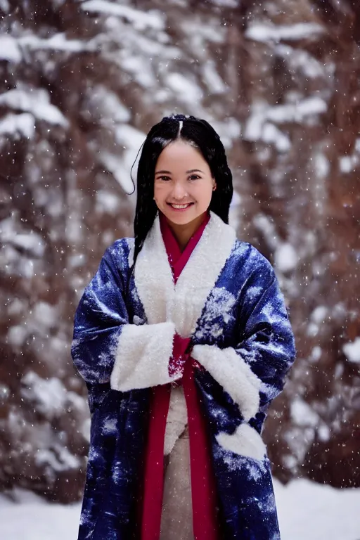 Image similar to full-length photo of real life Katara from Avatar, smiling, looking at camera in snowy winter, wearing kimono
