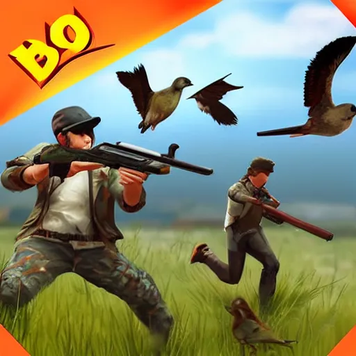 Prompt: battle royal game with birds with guns in - game