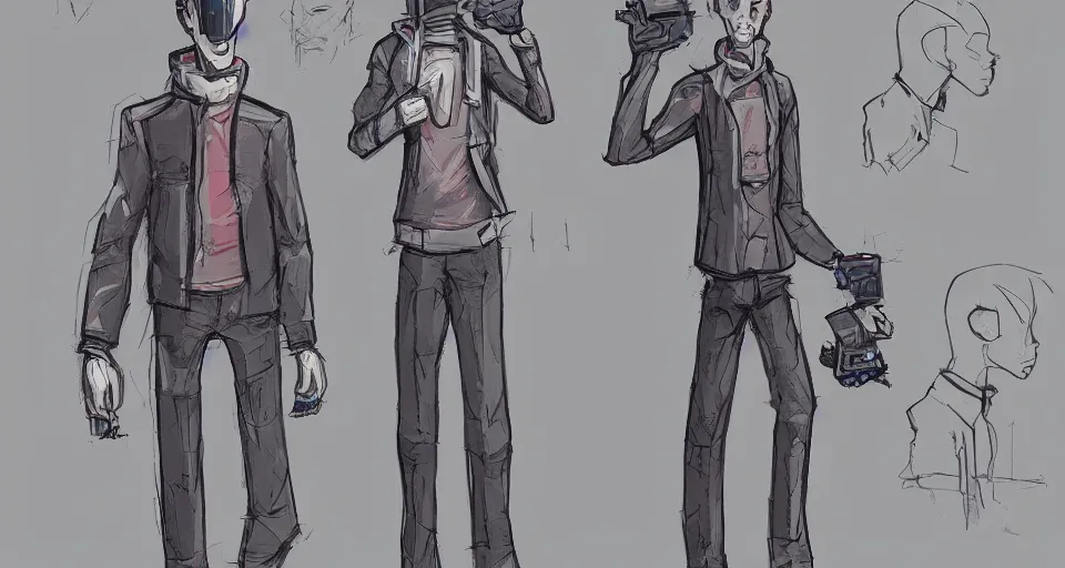 Prompt: concept art of a lean and lanky man with a TV head who wears a cyberpunk coat, concept art, turnaround world building, character design