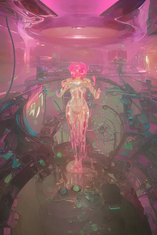 Prompt: interior of a Stomach filled with glowing pink water, Cross section, Claustrophobic, seapunk Mecha , vaporwave , digital art, artstation, by WLOP, Ilya repin, alphonse mucha., Very highly detailed 8K, octane, Digital painting, the golden ratio,