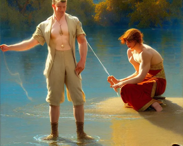 Image similar to attractive magician man, casting water magic, making waves rise from a beautiful lake. highly detailed painting by gaston bussiere, craig mullins, j. c. leyendecker 8 k