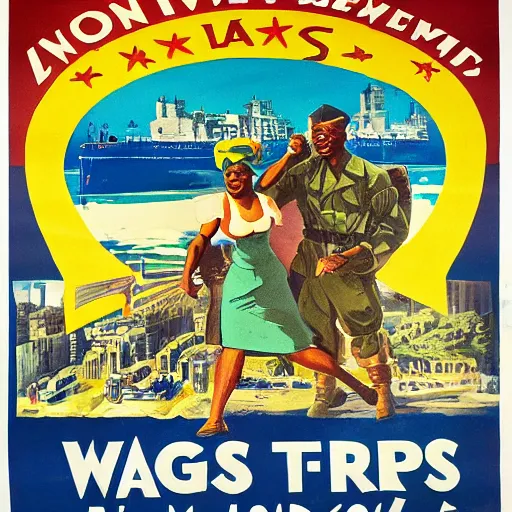 Prompt: ww 2 propaganda poster showing the tropical city of lagos nigeria