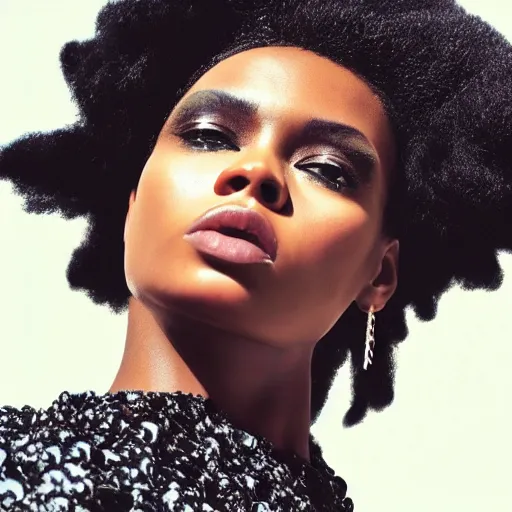 Prompt: close up of face of a black fashion model with large afro, gta editorial of vogue magazine, highly detailed