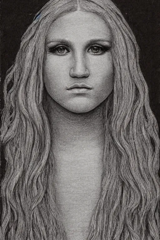 Image similar to a portrait of kesha in the style of leonardo da vinci drawing,, single head, no double head,