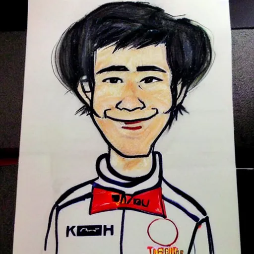 Image similar to a badly drawn picture of f 1 driver yuki tsunoda, caricature!!!, funny, crayon art, bad, beginner art