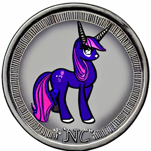 Image similar to twilight sparkle on a roman denarius coin. short muzzle, big eyes, mane