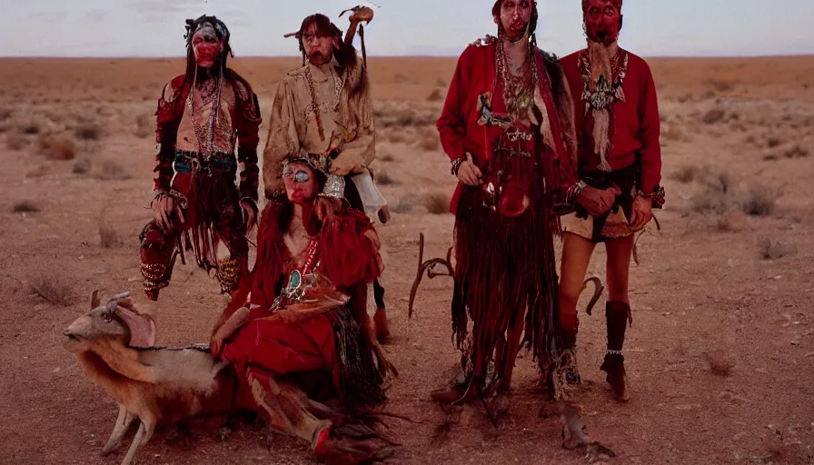 Image similar to high realistic photo portrait of esoteric tribes members with taxidermic flesh bloody jaw and elaborate red clothes in the desert, cinestill 800t 35mm, heavy grain, high quality,