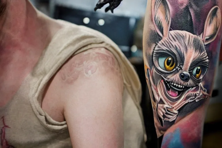 Image similar to a realistic tattoo of gizmo from the movie gremlins wearing a wedding suit and looking happy. neo modern tattoo school, tattoo, dslr