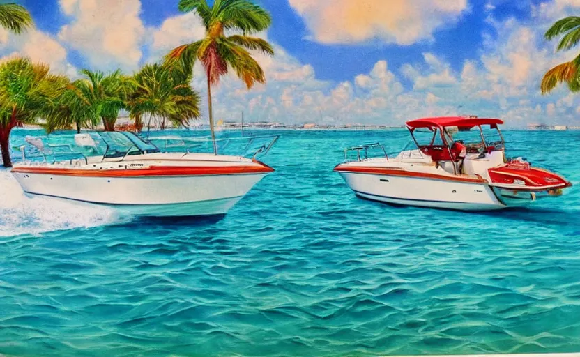 Image similar to photorealistic picture of a sport boat. turquoise water. miami. 8 0's style