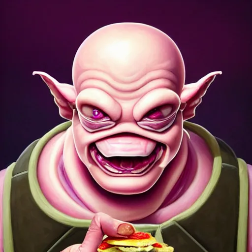 Image similar to portrait of krang from tmnt eating hamburgers, extra onions and ketchup, luscious patty with sesame seeds, feminine ethereal, handsome, d & d, fantasy, intricate, elegant, highly detailed, digital painting, artstation, concept art, matte, sharp focus, illustration, art by artgerm and greg rutkowski and alphonse mucha