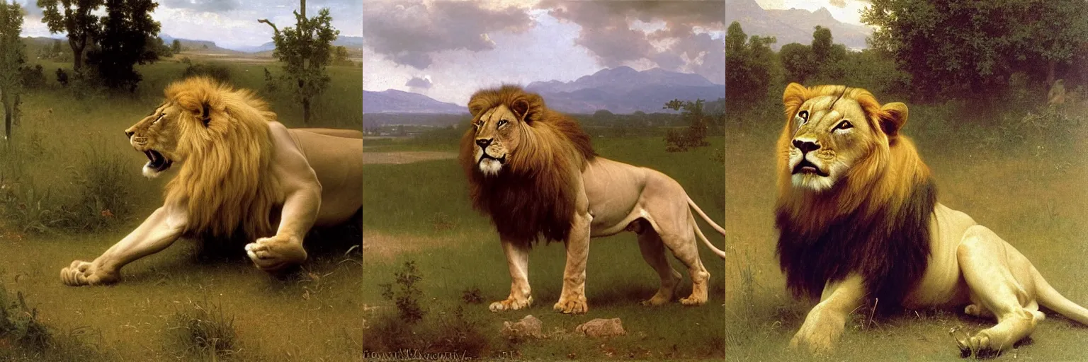Prompt: a majestic lion roaring on a meadow, oil on canvas masterpiece by william adolphe bouguereau