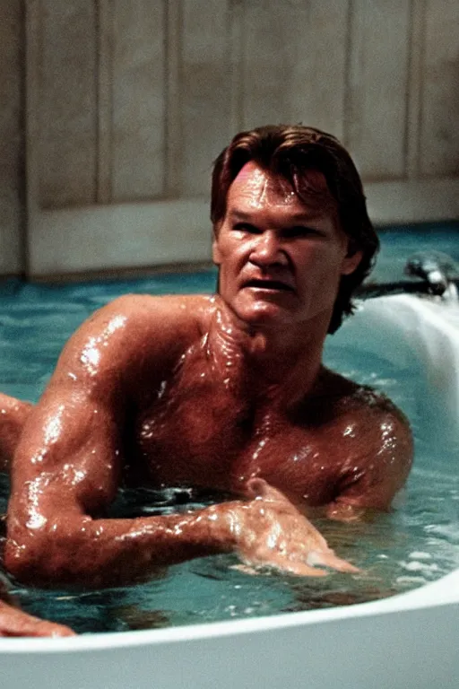 Prompt: patrick swayze swimming in a bath tub of baked beans, realistic, moody grindhouse, dark