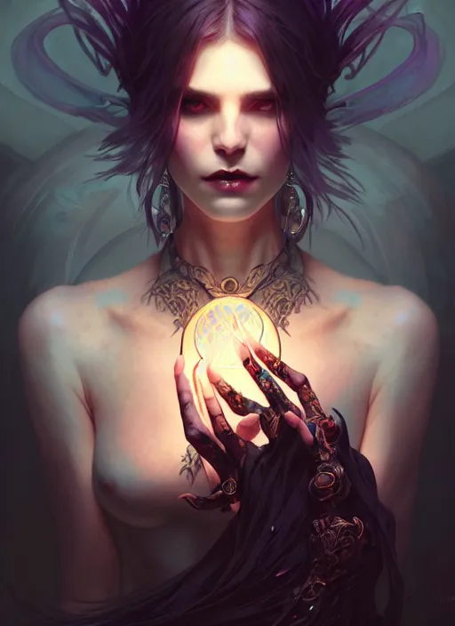 Image similar to Necromancer Sorceress, fantasy magic, undercut hairstyle, dark light night, intricate, elegant, sharp focus, illustration, highly detailed, digital painting, concept art, matte, art by WLOP and Artgerm and Greg Rutkowski and Alphonse Mucha, masterpiece