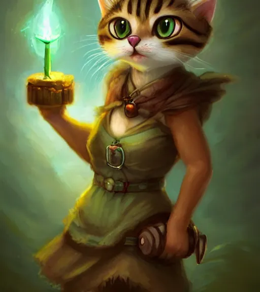 Prompt: cute little anthropomorphic Cat with big green eyes in summer dress, tiny, small, short, outfit, cute and adorable, pretty, beautiful, DnD character art portrait, matte fantasy painting, DeviantArt Artstation, by Jason Felix by Steve Argyle by Tyler Jacobson by Peter Mohrbacher, cinematic lighting