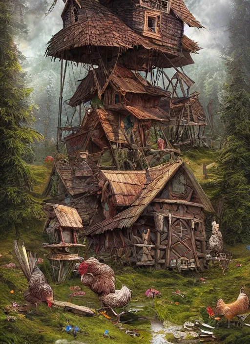 Image similar to highly detailed matte painting of the baba yaga witch's shack which is constructed on top of two giant wooden posts up high that are designed to look like chicken legs with feet, mountain woodlands,, 8 k resolution, by android jones