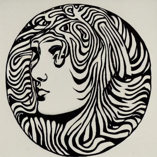 Image similar to Medusa by M.C. Escher, black and white stencil