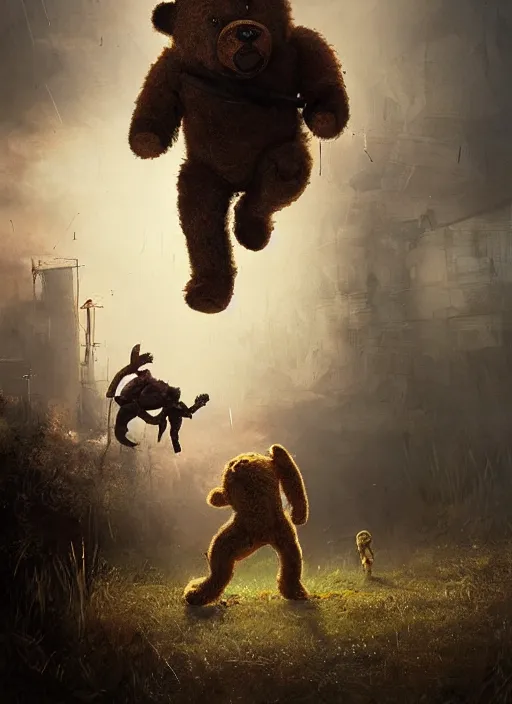 Image similar to a teddy bear fights off zombies to protect a crying child, portrait, dramatic lighting, cinematic, establishing shot, extremly high detail, photo realistic, foto realistic, cinematic lighting, post processed, concept art, artstation, matte painting, style by eddie mendoza, raphael lacoste, alex ross