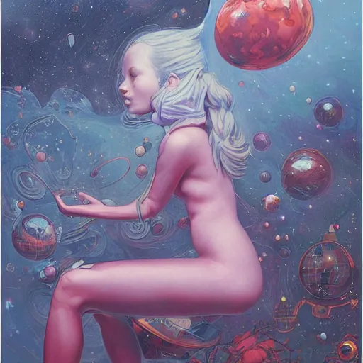 Prompt: james jean oil painting of a girl lost in space