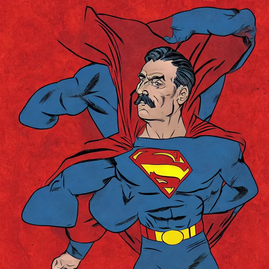 Image similar to epic comic book cover of stalin as superman floating over the red square ( moscow ), socialist realism, aesthetically pleasing, finely detailed facial features, photorealistic, intricate digital art, trending artstation, artgem, rich moody colors, fan art, concept art, in the style of the red son, by cory walker and ryan ottley